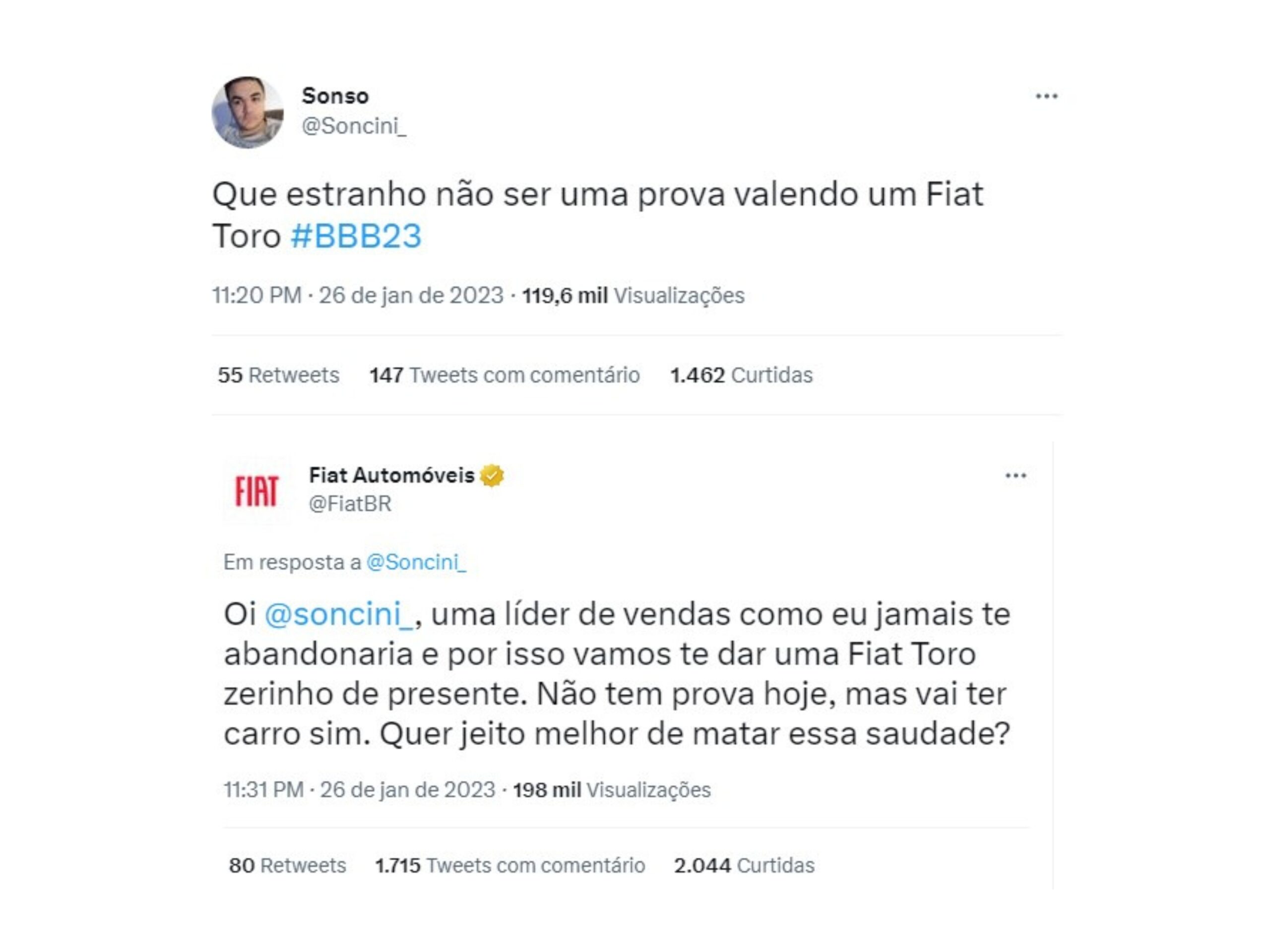 Homem ganha Fiat Toro zerado de presente após fazer Twitter durante prova do BBB23