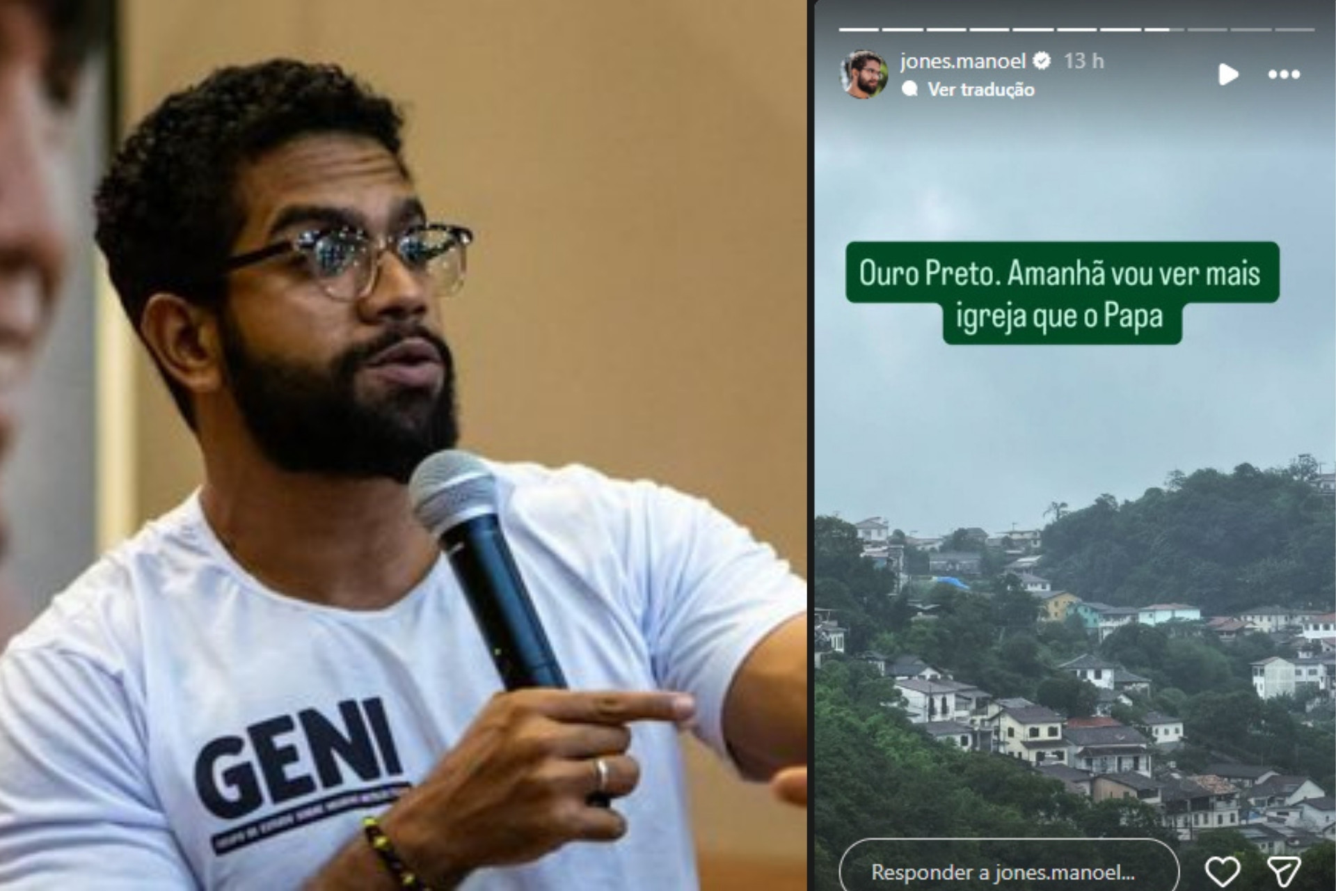Jones Manoel compartilha story em Ouro Preto: "amanhã vou ver mais igreja que o Papa"